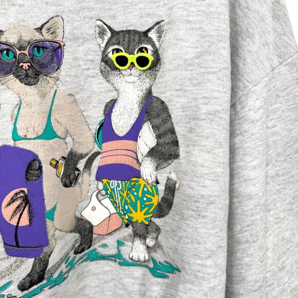 Vintage '90s Cute Cat Kitten Sweatshirt size large cats beach pool sunglasses *r - Picture 2 of 15